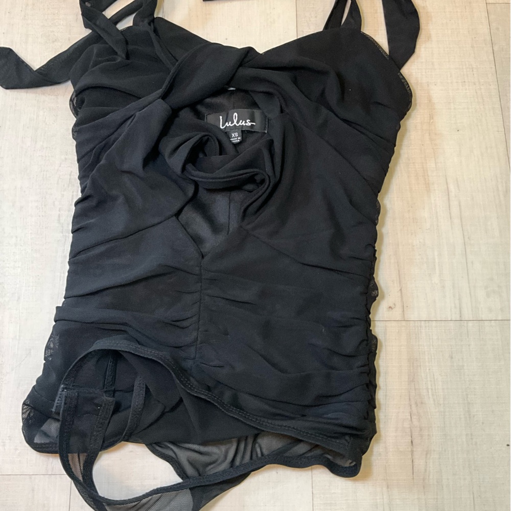 Lulu's Black Eye On Me Mesh Tie-Front Ruched Bodysuit - Picture 6 of 8